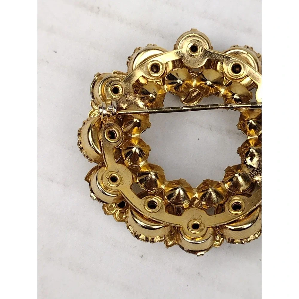 Vintage Floral Yellow and Green Open Back Rhinestone Daisy Flower Brooch 1960s